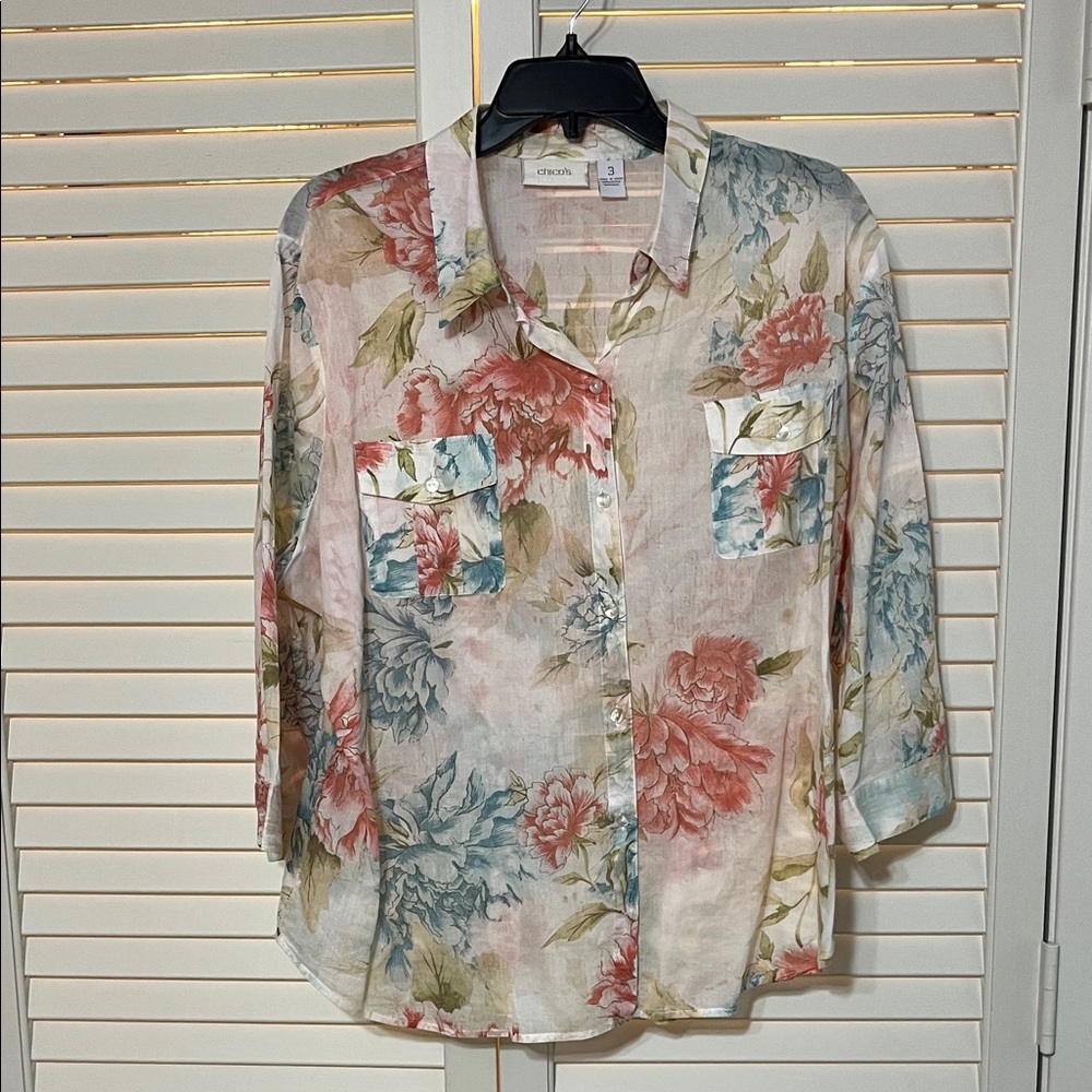 Chico's Floral Button-Front Shirt in Coral, Blue & Cream